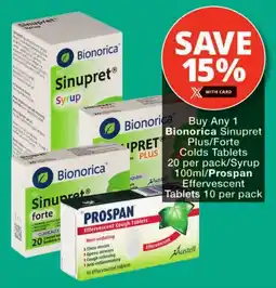 Checkers Bionorica Sinupret Plus/ Forte Colds Tablets/ Syrup/ Prospan Effervescent Tablets offer
