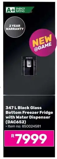 Game 347 L Black Glass Bottom Freezer Fridge with Water Dispenser (DAC652) offer