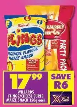 Shoprite WILLARDS FLINGS/CHEESE CURLS MAIZE SNACK 150g each offer