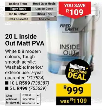 Builders Warehouse Fired Earth Inside Out Matt PVA offer