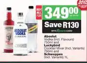 Spar Tops Absolut Vodka 750ml & Luckybird Cocktail Mixer 750ml & Schweppes 1L-All For offer