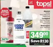 Spar Tops Absolut Vodka 750ml & Luckybird Cocktail Mixer 750ml & Schweppes 1L-Both For offer
