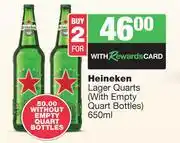 Spar Tops Heineken Lager Quarts (With Empty Quart Bottles)-For 2 x 650ml offer