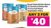 Game Great Value Butter Beans Or Tomato & Onion Mix Or Curries Mixed Vegetables-For 3 x 410g offer