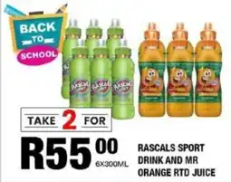 Rascals sport drink and mr orange rtd juice