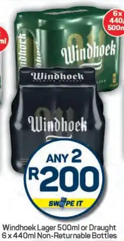 Pick n Pay Windhoek Lager 500ml or Draught 6 x 440ml Non-Returnable Bottles offer