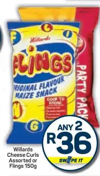 Pick n Pay Willards Cheese Curls Assorted or Flings 150g offer