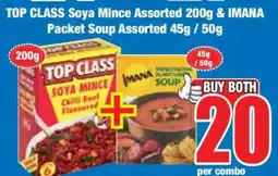 Boxer TOP CLASS Soya Mince Assorted 200g & IMANA Packet Soup Assorted 45g / 50g offer