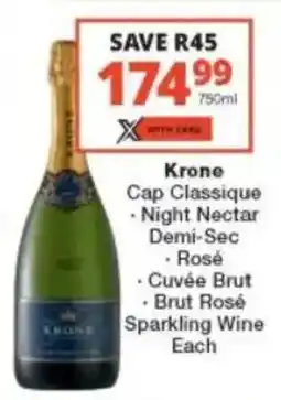 Checkers Liquor Shop Krone Cap Classique Night Nectar Demi-Sec, Rosé, Cuvée Brut, Brut Rosé Sparkling Wine offer
