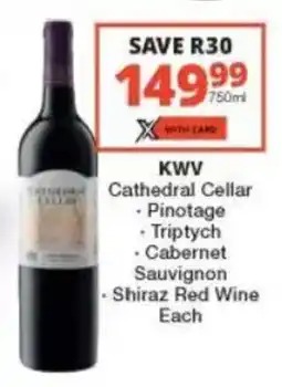Checkers Liquor Shop KWV Cathedral Cellar Pinotage, Triptych, Cabernet Sauvignon, Shiraz Red Wine offer