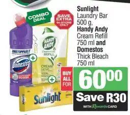 Spar Sunlight Laundry Bar, Handy Andy Cream Refill, Domestos Thick Bleach offer