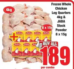 Boxer Frozen Whole Chicken Leg Quarters 4kg & JABA Stock Powder 8 x 15g offer