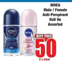 Boxer NIVEA Male / Female Anti-Perspirant Roll On Assorted offer