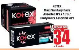 Boxer KOTEX Maxi Sanitary Pads Assorted 8's / 10's / Pantyliners Assorted 20's offer