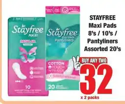 Boxer STAYFREE Maxi Pads 8's / 10's / Pantyliners Assorted 20's offer