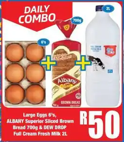 Boxer Large Eggs 6's, ALBANY Superior Sliced Brown Bread 700g & DEW DROP Full Cream Fresh Milk 2L offer