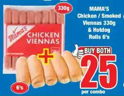 Boxer MAMA'S Chicken / Smoked Viennas 330g & Hotdog Rolls 6's offer