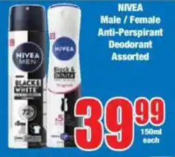 Boxer NIVEA Male/ Female Anti-Perspirant Deodorant Assorted offer