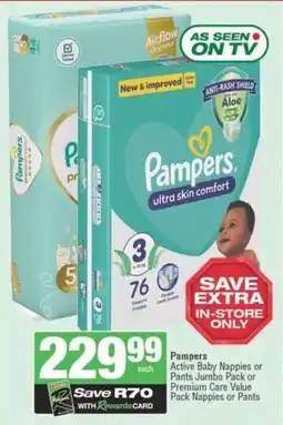 SuperSpar Pampers Active Baby Nappies or Pants Jumbo Pack or Premium Care Value Pack Nappies or Pants offer
