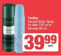 SuperSpar Yardley Aerosol Body Spray for Men or Women offer