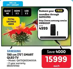 Makro SAMSUNG 190 cm 75" Smart QLED TV offer