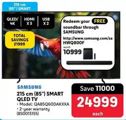 Makro SAMSUNG 215 cm 85" Smart QLED TV offer