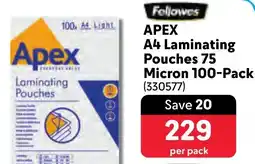 Makro Fellowes Apex A4 Laminating Pouches 75 Micron offer