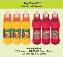 Makro MR. ORANGE 6% Squash or RASCALS Sports Drink offer