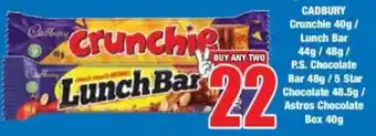 Boxer CADBURY Crunchie/ Lunch Bar/ P.S. Chocolate Bar/ 5 Star Chocolate/ Astros Chocolate Box offer