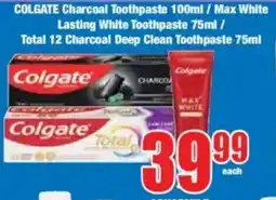 Boxer COLGATE Charcoal Toothpaste/ Max White Lasting White Toothpaste/ Total 12 Charcoal Deep Clean Toothpaste offer