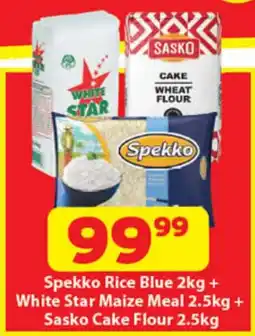 Check Save Spekko Rice Blue + White Star Maize Meal + Sasko Cake Flour offer