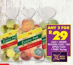 Shoprite CLASS 1 GOLDEN DELICIOUS/CLASS 1 RED APPLES/CLASS 1 PEARS 1kg bag offer