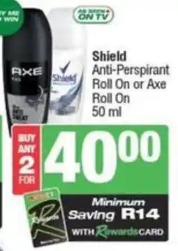 Spar Shield Anti-Perspirant Roll On or Axe Roll On offer