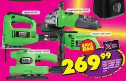Shoprite Schultz jigsaw 400w/ angle grinder 500w/ sheet sander 135w/ impact drill 500w offer