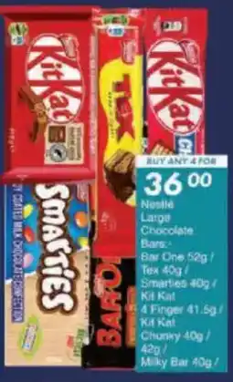 President Hyper Nestle Large Chocolate Bars Bar One/ Tex/ Smarties/ Kit Kat 4 Finger/ Kit Kat Chunky/ Milky Bar offer