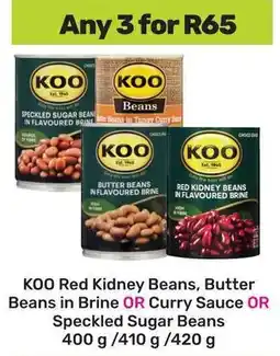 Game KOO Red Kidney Beans, Butter Beans in Brine OR Curry Sauce OR Speckled Sugar Beans offer