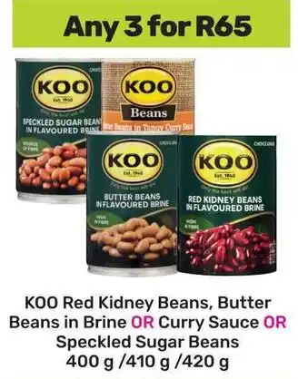 Game KOO Red Kidney Beans, Butter Beans in Brine OR Curry Sauce OR Speckled Sugar Beans offer