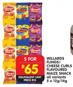 Shoprite Willards flings/ cheese curls flavoured maize snack all variants offer
