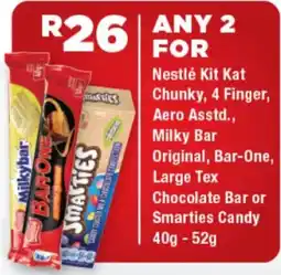 OK Express Nestlé Kit Kat Chunky, 4 Finger, Aero Asstd., Milky Bar Original, Bar-One, Large Tex Chocolate Bar or Smarties Candy offer