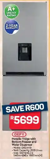 Pick n Pay Hypermarket DEFY Metallic Fridge with Bottom Freezer and Water Dispenser offer