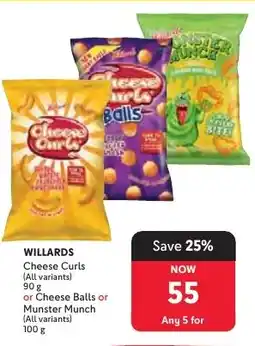 Makro WILLARDS Cheese Curls or Cheese Balls or Munster Munch offer