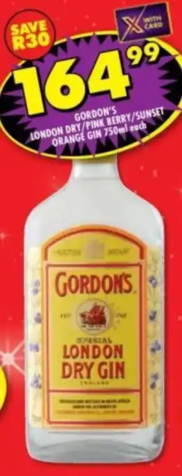 Shoprite Liquor Gordon's london dry/ pink berry/ sunset orange gin offer