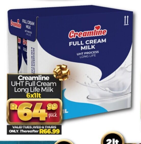 Creamline UHT Full Cream Long Life Milk 6x1lt offer at Take 'n Pay