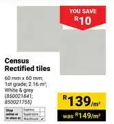 Builders Warehouse Census Rectified Tiles-60mm x 60mm Per Sqm offer