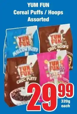 Boxer Superstores YUM FUN Cereal Puffs/ Hoops Assorted offer