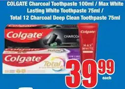 Boxer Superstores COLGATE Charcoal Toothpaste/ Max White Lasting White Toothpaste/ Total 12 Charcoal Deep Clean Toothpaste offer