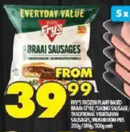 Shoprite Fry's frozen plant-based braai-style/ slicing sausage/ traditional vegetarian sausages/ mushroom pies offer