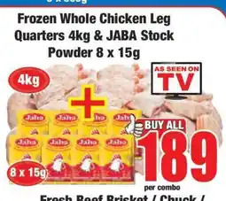 Boxer Frozen Whole Chicken Leg Quarters 4kg & JABA Stock Powder 8 x 15g offer