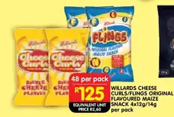 Shoprite WILLARDS CHEESE CURLS/FLINGS ORIGINAL FLAVOURED MAIZE SNACK 4x12g/14g per pack offer