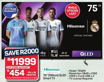Pick n Pay Hypermarket Hisense 75" 190cm QLED Smart TV offer